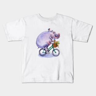 hippo on bicycle with icecream Kids T-Shirt